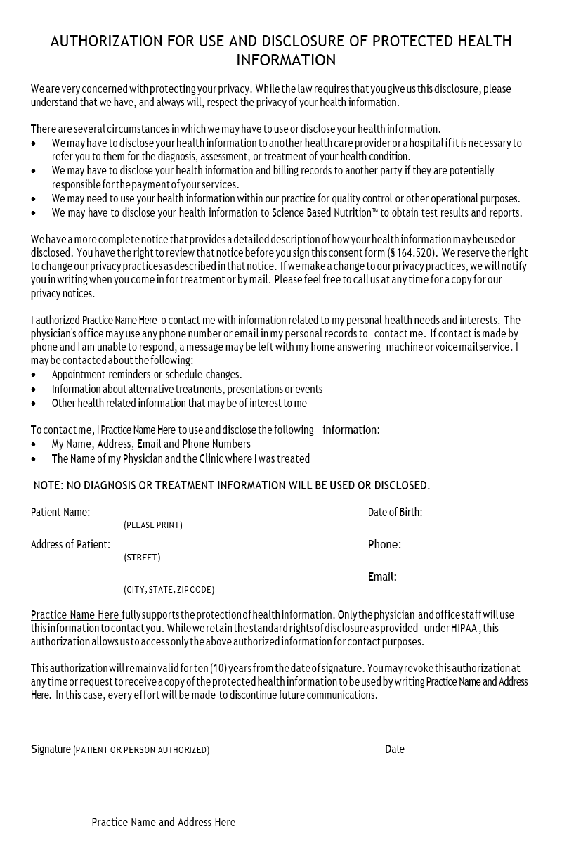 HIPAA EXAMPLE FORM Science Based Nutrition